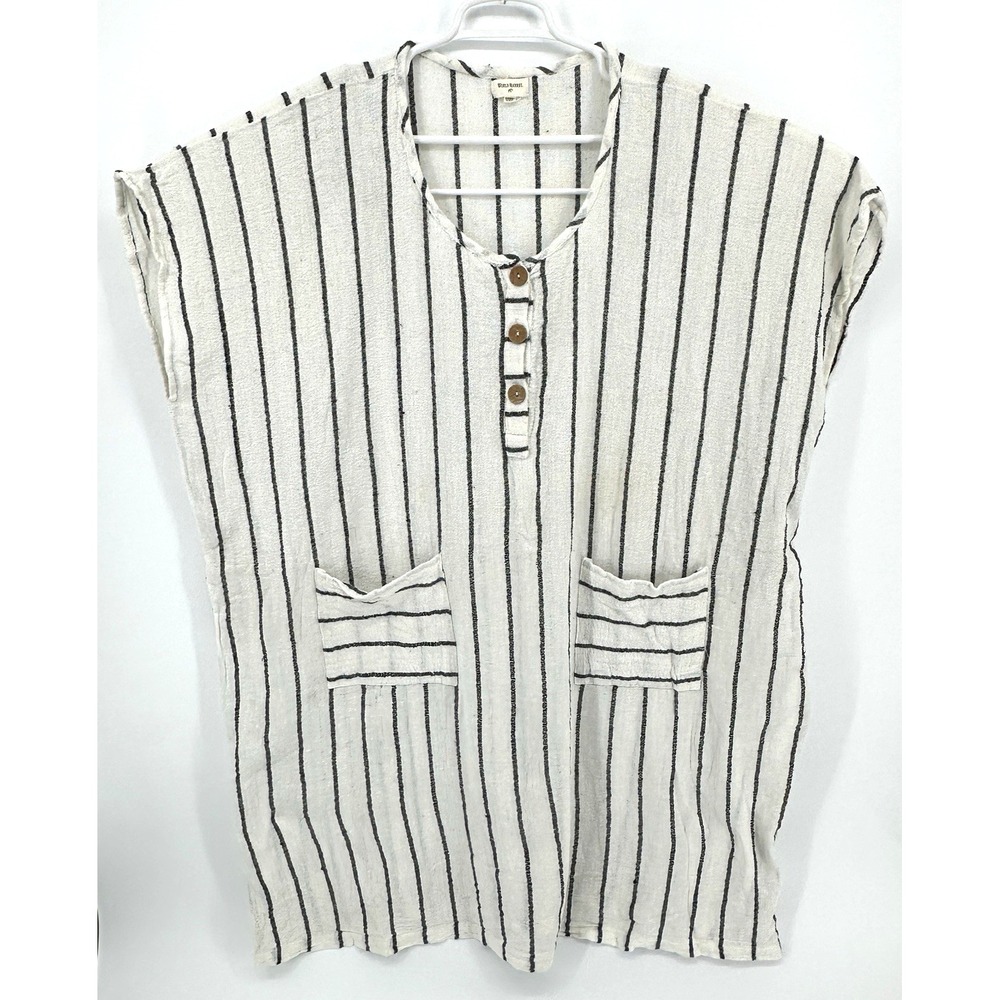 World Market Striped Poncho Kaftan Cover Up White Free Size Pockets Boho Chic